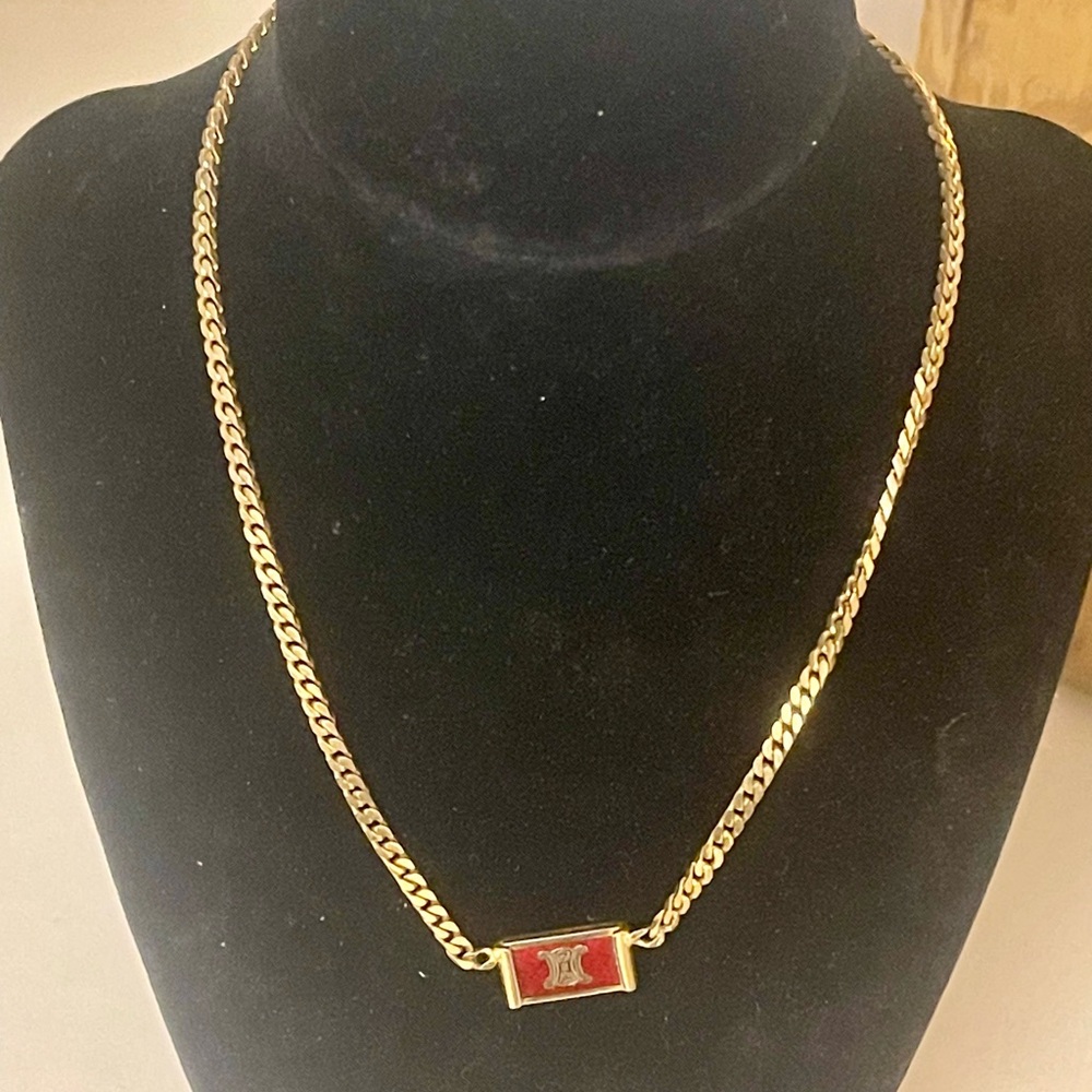 CELINE Vintage Macadam Gold Necklace with Red Enamel Triomphe Logo - Picture 3 of 7
